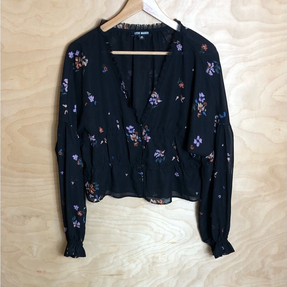 Steven Madden Long Sleeve Blouse Black Floral Sheer Ruffle Womens Size M.